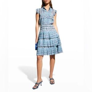 Maison Common Tweed Print Tiered Mini Dress w/ Braided Trim Blue 36 6